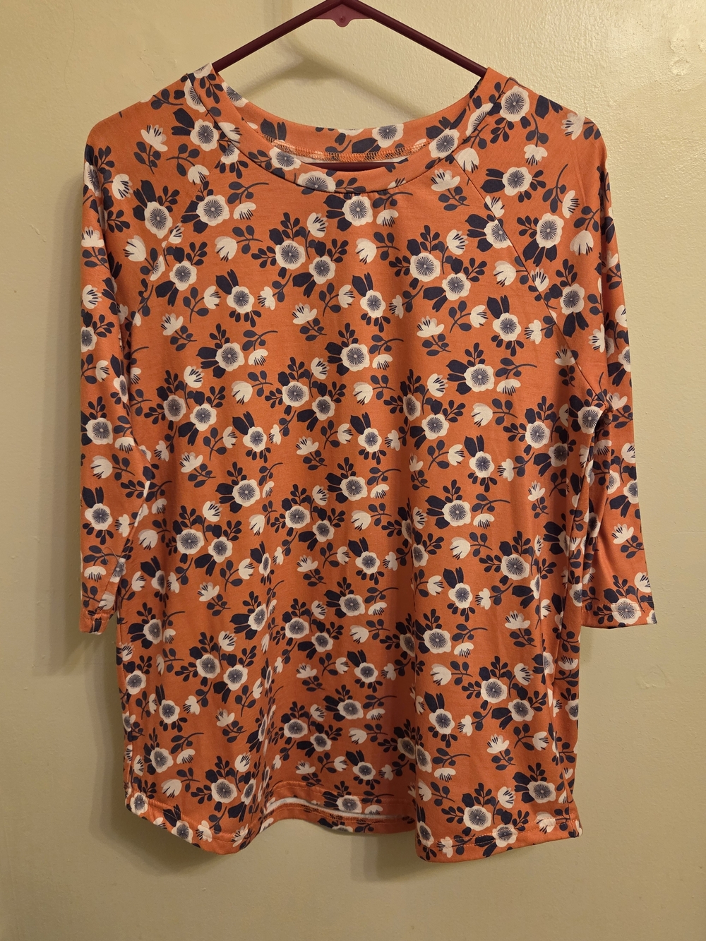 ​Tickled Teal Orange Floral Raglan Top 3/4 Sleeve Small Casual Boho Relaxed Fit